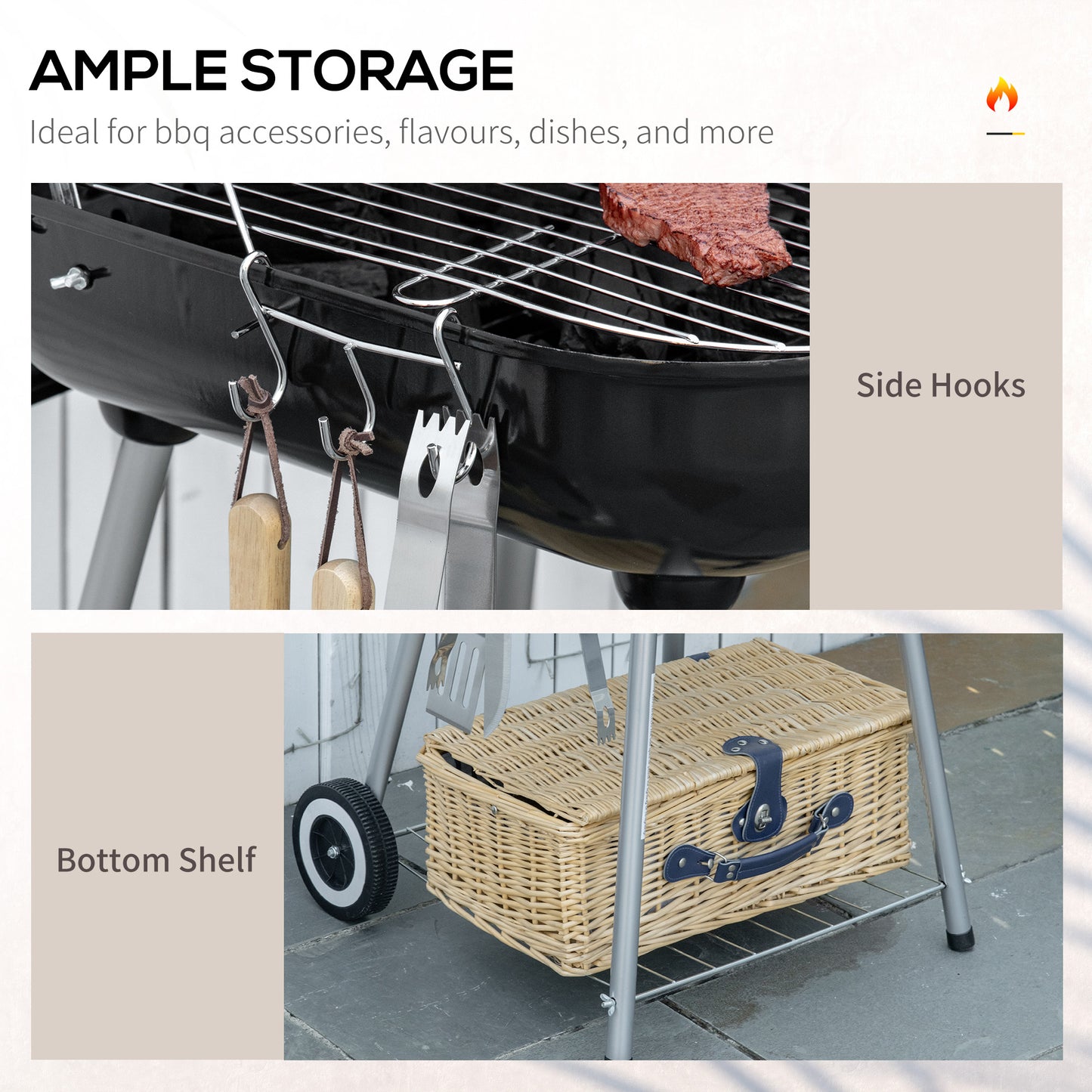 BBQ Charcoal Smoker Grill Trolley with 2 Wheels and Grilling Utensils