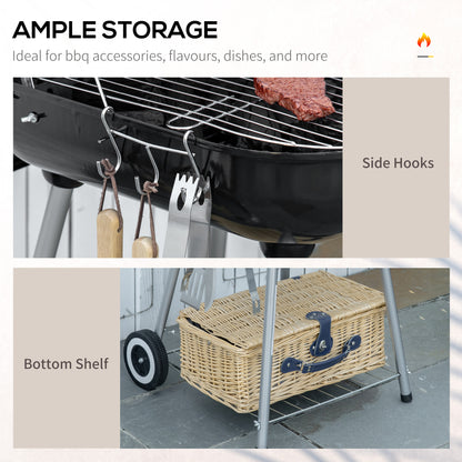 BBQ Charcoal Smoker Grill Trolley with 2 Wheels and Grilling Utensils