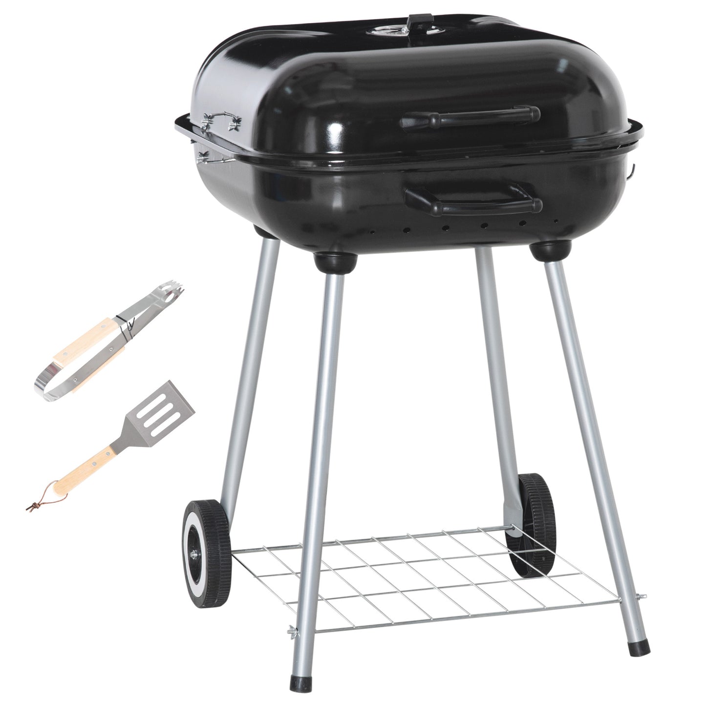 BBQ Charcoal Smoker Grill Trolley with 2 Wheels and Grilling Utensils
