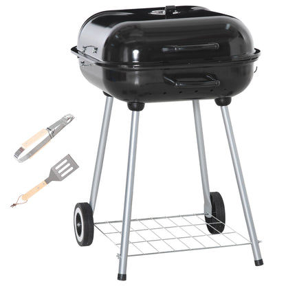 BBQ Charcoal Smoker Grill Trolley with 2 Wheels and Grilling Utensils