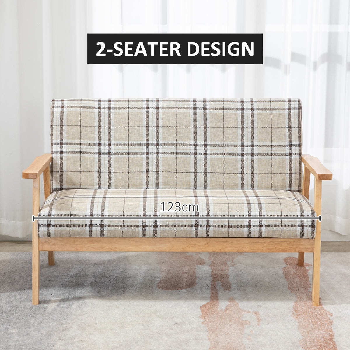 Two Seater Sofa with Rubber Wood Frame Linen Fabric Small Couch Beige