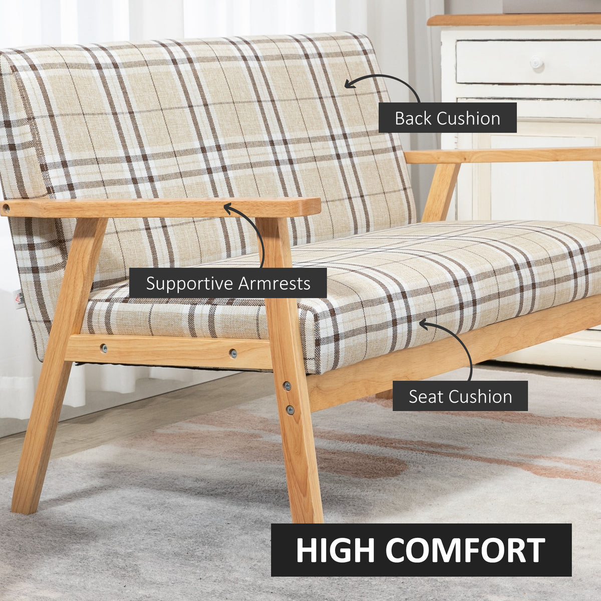 Two Seater Sofa with Rubber Wood Frame Linen Fabric Small Couch Beige