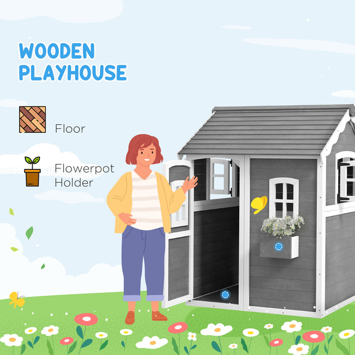 Wooden Playhouse for Kids with Doors, Windows, Plant Box, Floors, for 3-8 Years Old, Garden, Lawn, Patio, Grey