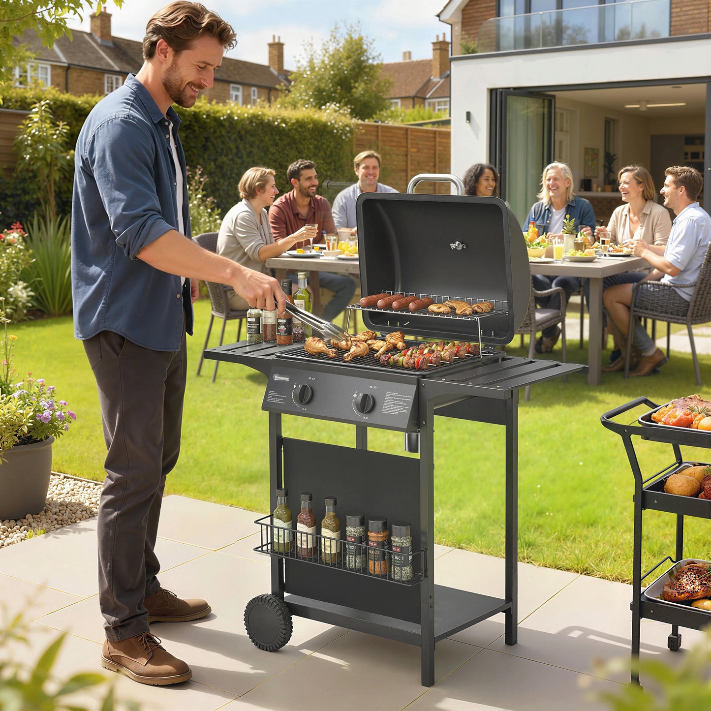 Gas Burner Barbecue Grill, Garden BBQ Grill with Warming Rack