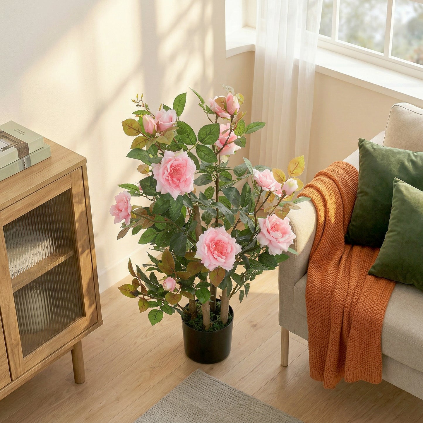 90cm Artificial Rose Tree with 344 Silk Leaves and 17 Flowers, Pink