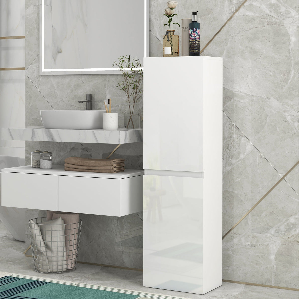 Slim Bathroom Cabinet with 2 Cupboards and Adjustable Shelves - High Gloss White