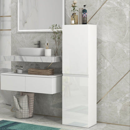 Slim Bathroom Cabinet with 2 Cupboards and Adjustable Shelves - High Gloss White