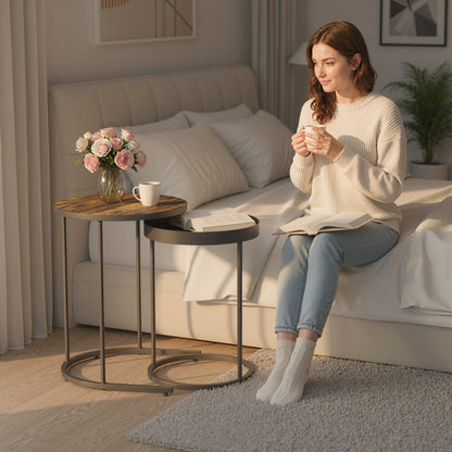 Nesting Side Table Set of 2, Industrial Round Nest of Tables, Brown