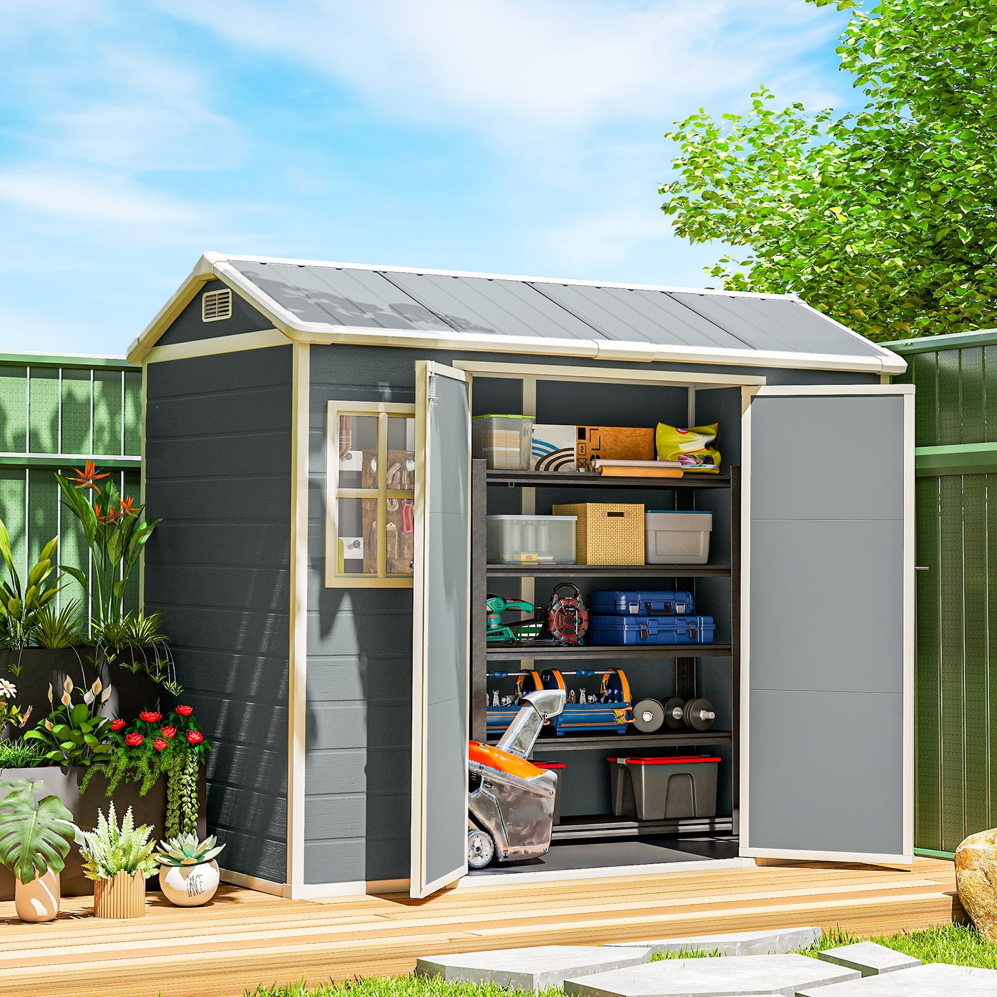 8 x 4 ft Resin Garden Shed with Floor, Lockable Doors, Light Grey