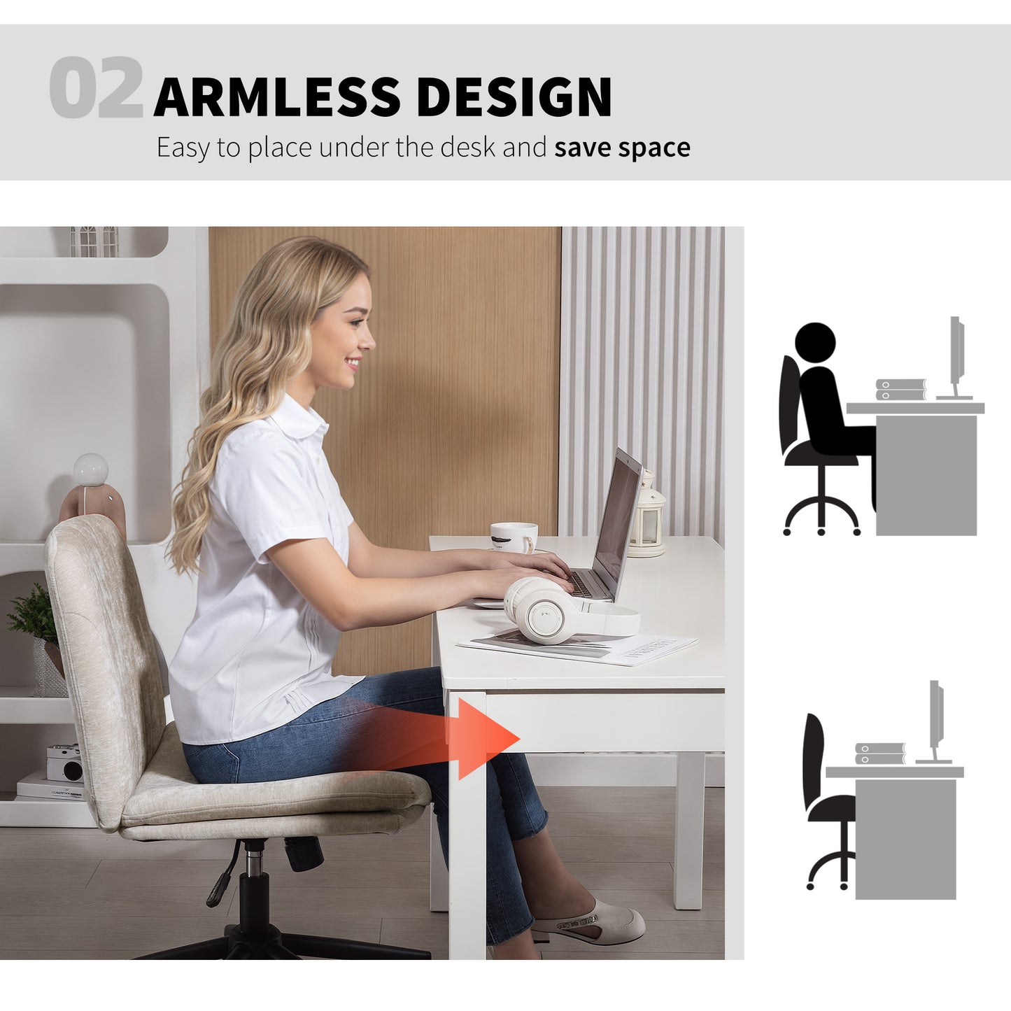 Criss Cross Chair with Wheels, Armless Wide Office Chair, Beige