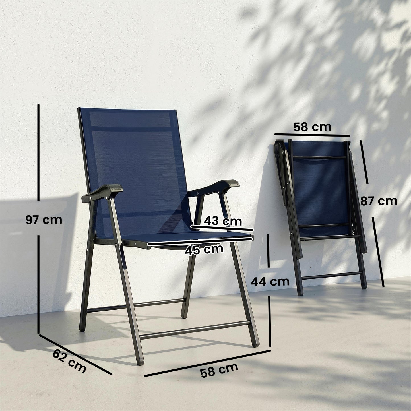 Folding Garden Chairs Set of 2 with High Back, Armrests, Navy Blue