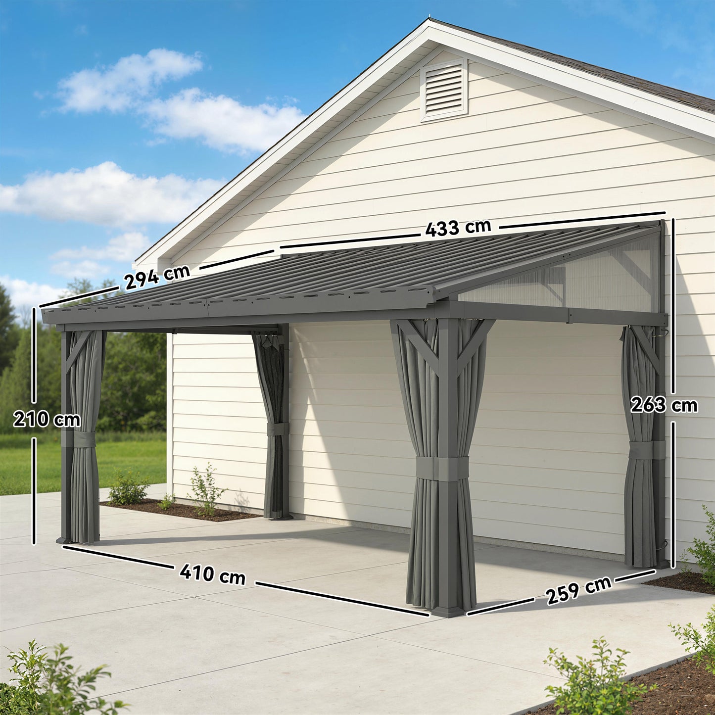 4.3 x 3 m Garden Pergola with Netting Curtains, Lean to Pergola