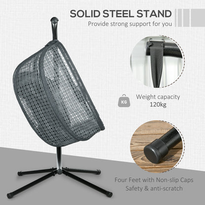 Outdoor Swing Chair w/ Thick Padded Cushion, Patio Hanging Chair w/ Metal Stand, Foldable Basket, Cup Holder, Grey