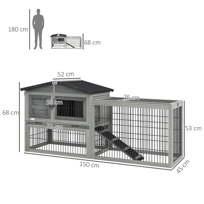 Wooden Rabbit Hutch with Run, Asphalt Roof, Pull-Out Tray, Ramp, Grey