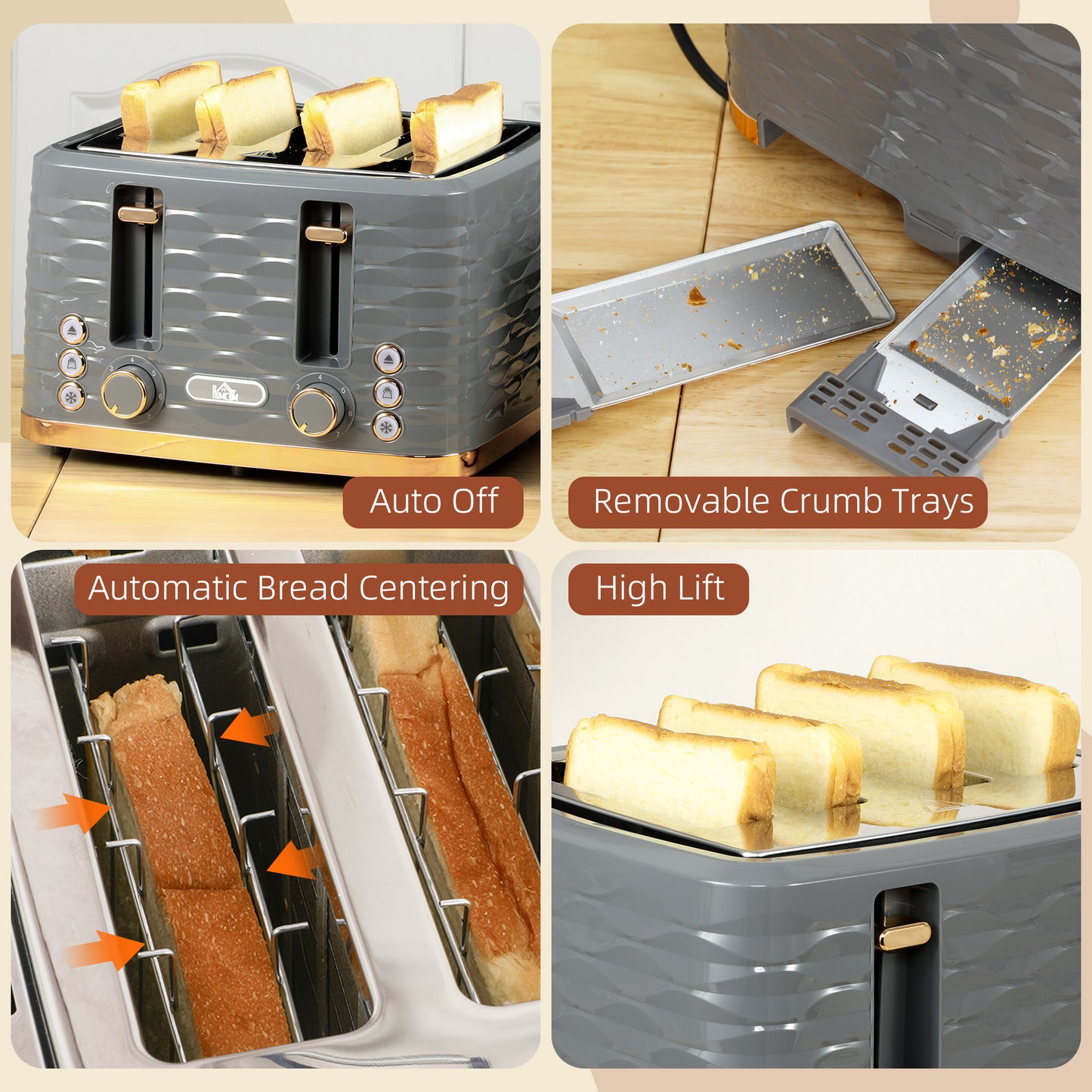 Toaster with 4 Slot, 7 Browning Levels, 1600W, Grey Ripple