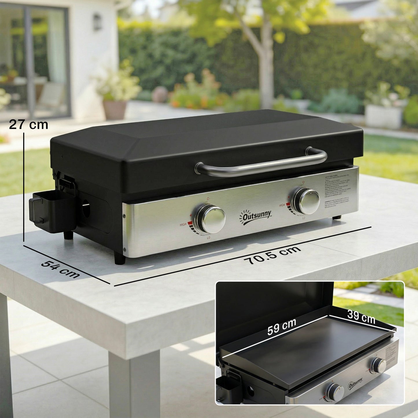 2 Burner Grill Griddle, Tabletop Gas BBQ with Grease Cup, Black
