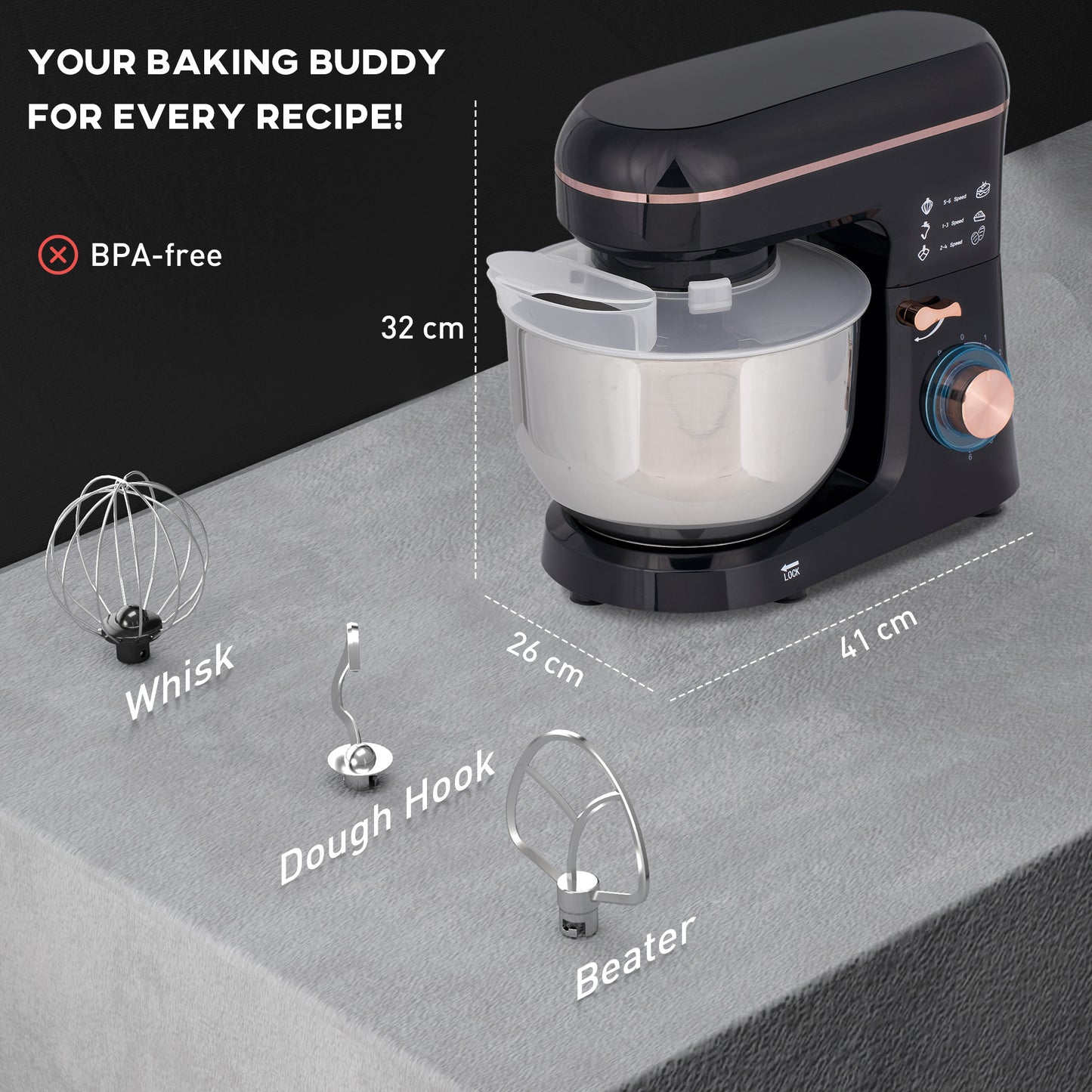 Electric Stand Mixer, 5L Food Mixer with Dough Hook, Whisk, Black