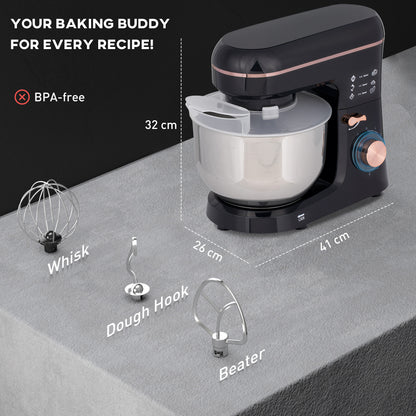 Electric Stand Mixer, 5L Food Mixer with Dough Hook, Whisk, Black