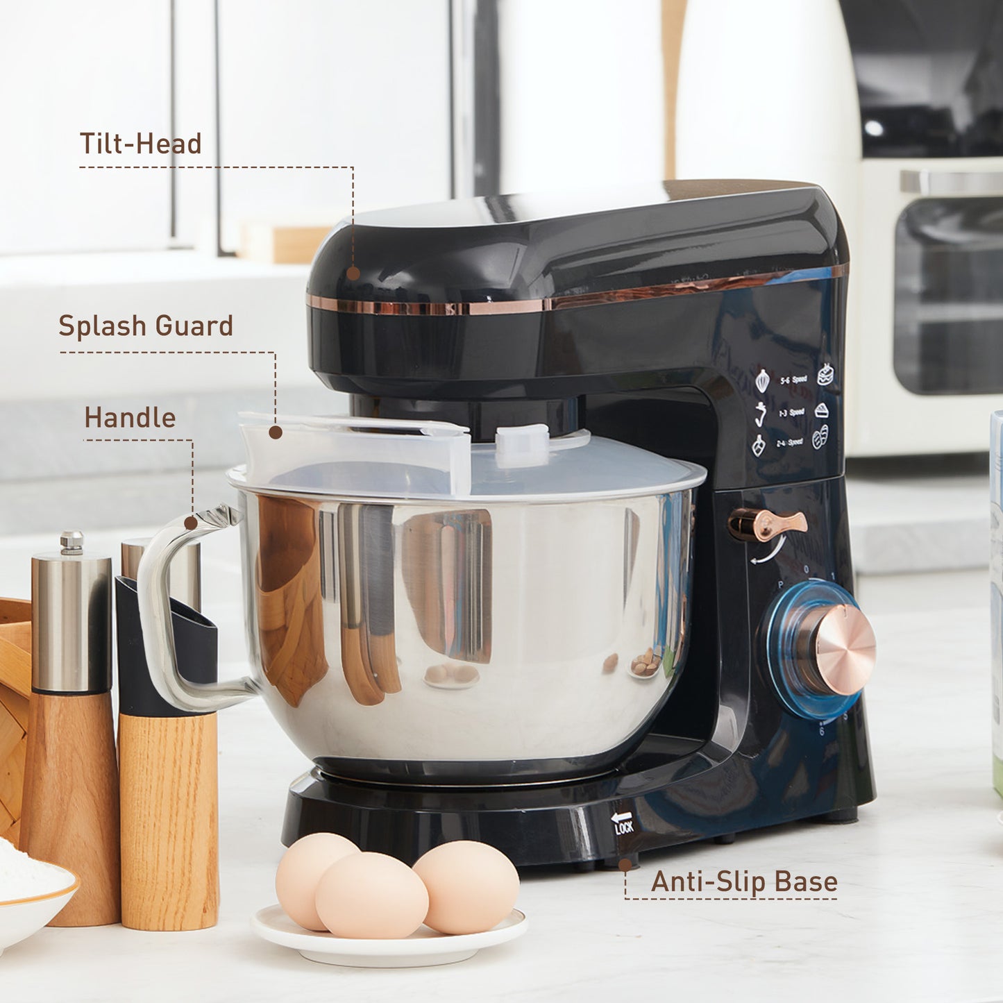 Electric Stand Mixer, 5L Food Mixer with Dough Hook, Whisk, Black