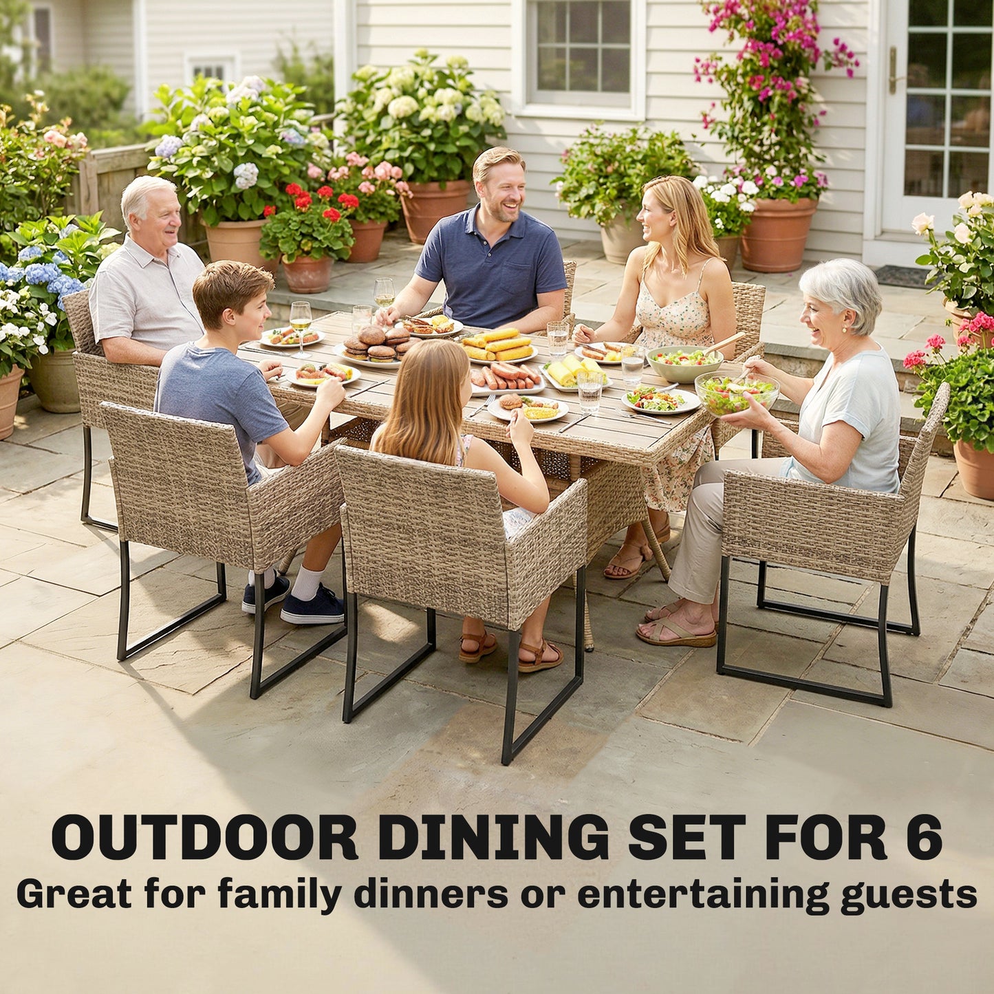 7 Piece Rattan Garden Furniture Set, Garden Dining Set with Wood-Plastic Table and 6 Stackable Chairs, Light Brown