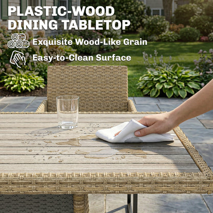 7 Piece Rattan Garden Furniture Set, Garden Dining Set with Wood-Plastic Table and 6 Stackable Chairs, Light Brown