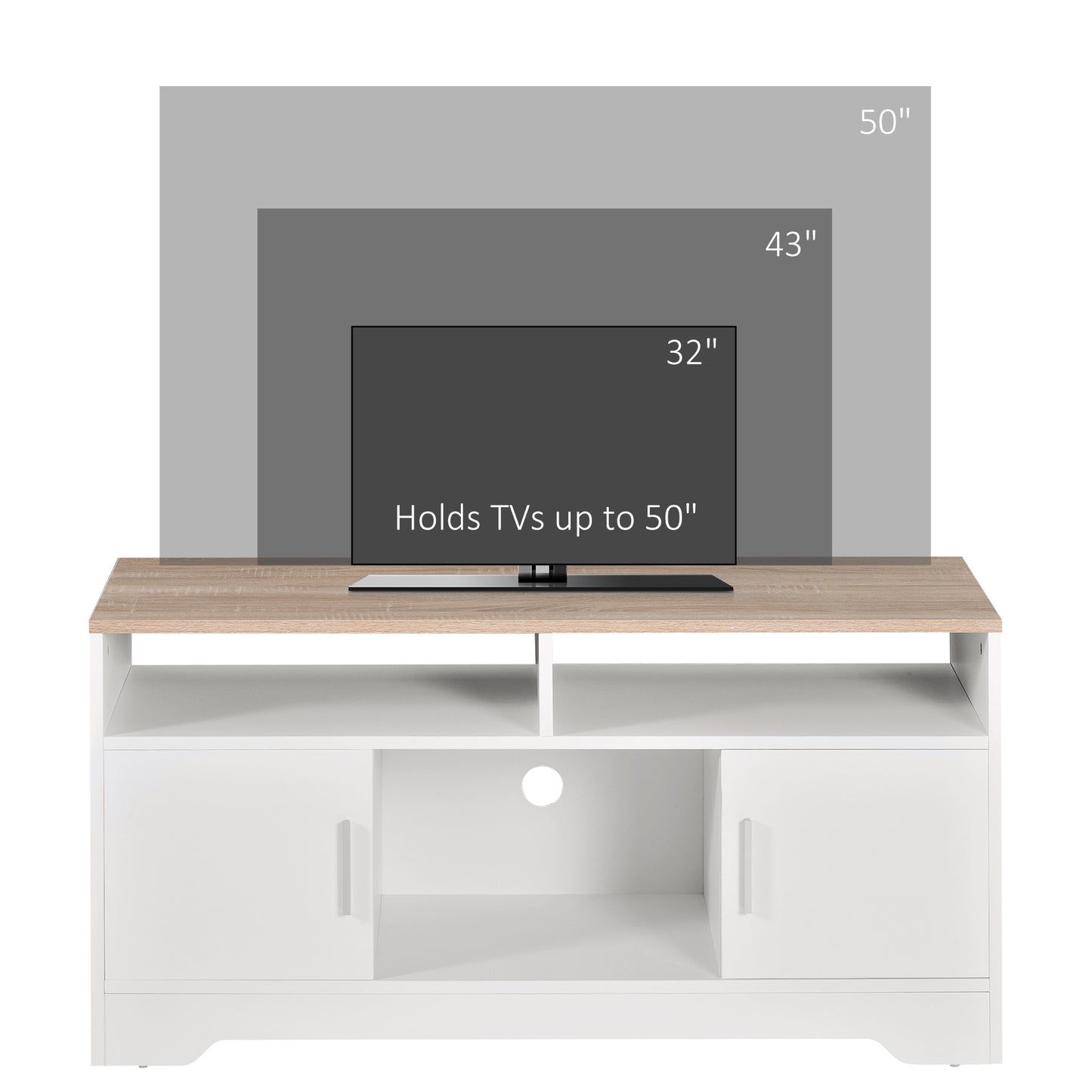 TV Stand for TVs up to 42 Inches with Cabinets, Shelves and Wide Tabletop for Living Room, Bedroom, Dining Room, White and Wood Color