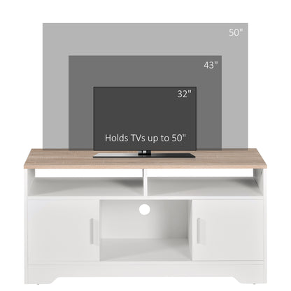 TV Stand for TVs up to 42 Inches with Cabinets, Shelves and Wide Tabletop for Living Room, Bedroom, Dining Room, White and Wood Color