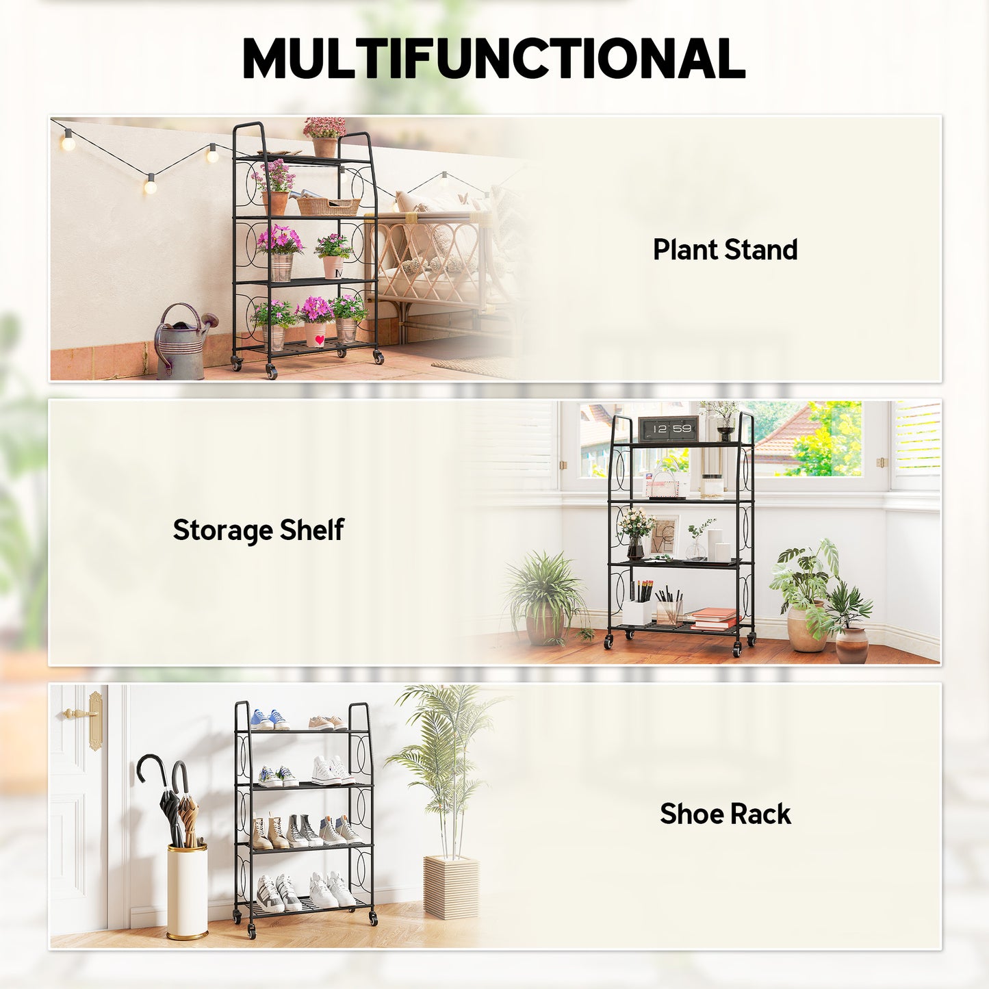 4-Tier Metal Plant Stand, Plants Display Rack with Lockable Wheels