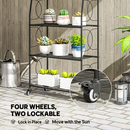 4-Tier Metal Plant Stand, Plants Display Rack with Lockable Wheels