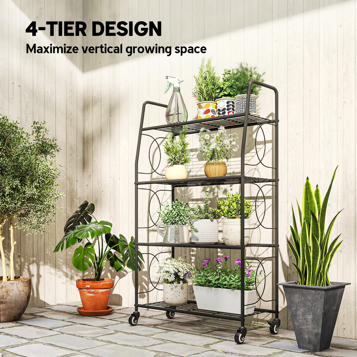 4-Tier Metal Plant Stand, Plants Display Rack with Lockable Wheels