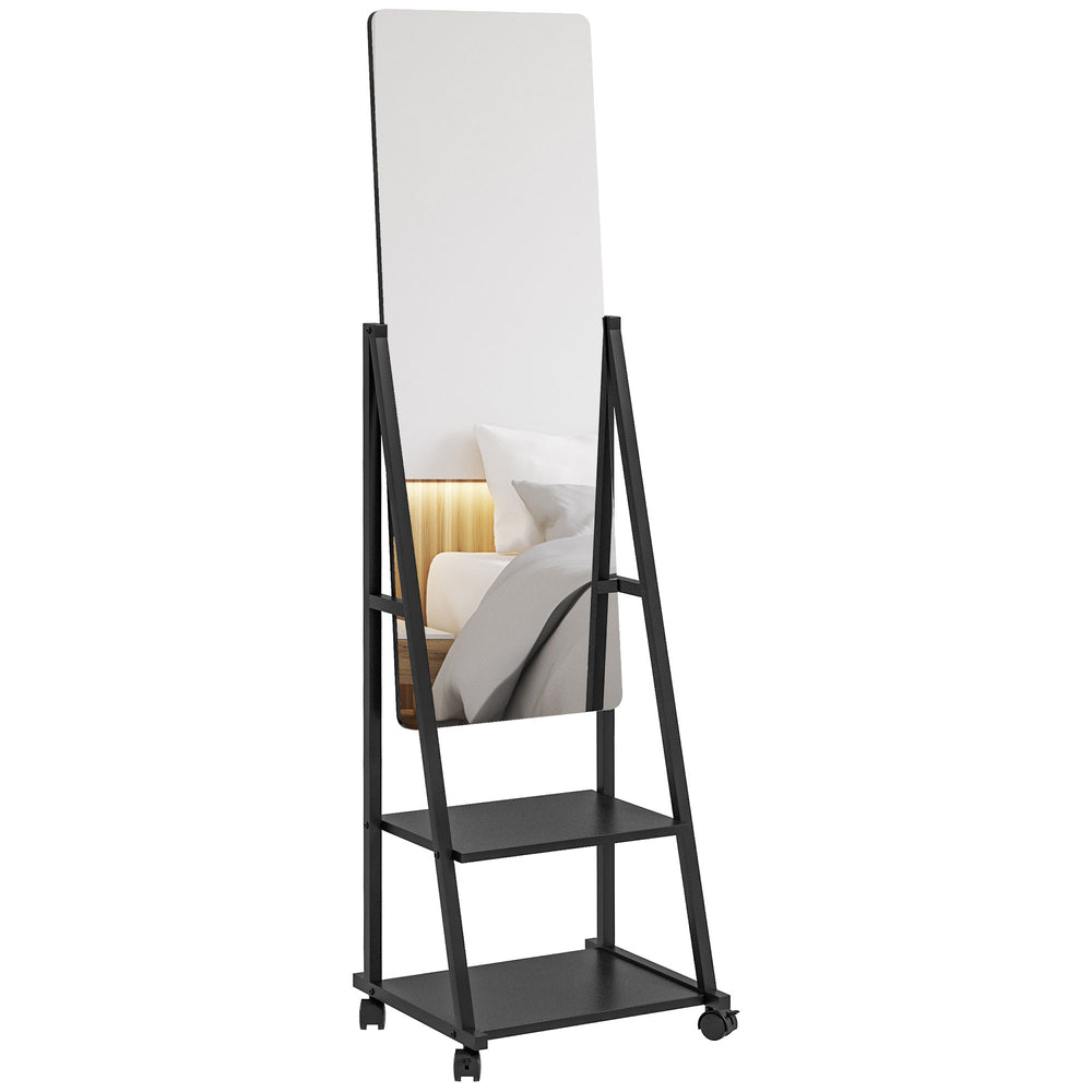 Free Standing Dressing Mirror, Rolling Full Length Mirror on Wheels with Adjustable Angle, Storage Shelves for Bedroom