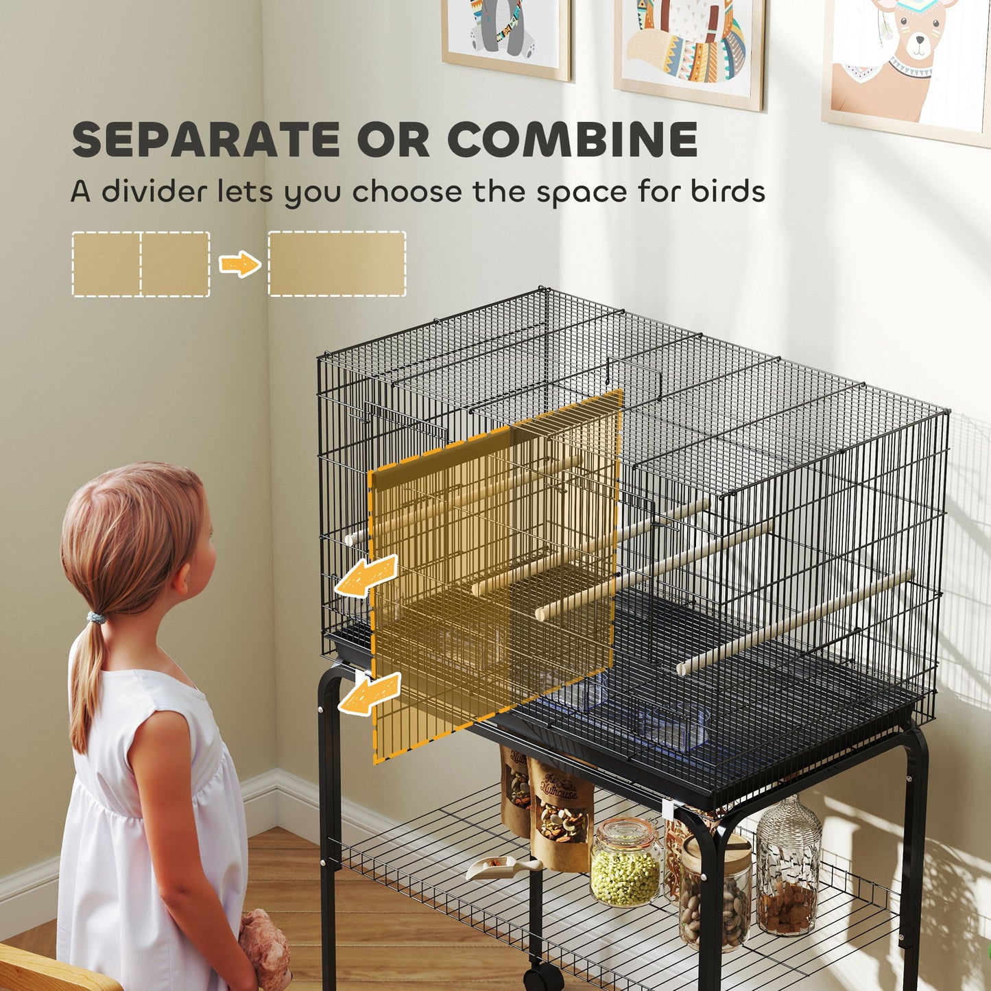 Bird Cage with Divider, 4 Wooden Perches, Slide Out Tray, Black