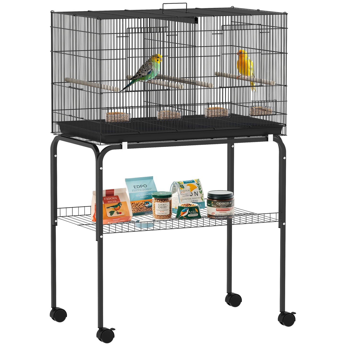 Bird Cage with Divider, 4 Wooden Perches, Slide Out Tray, Black