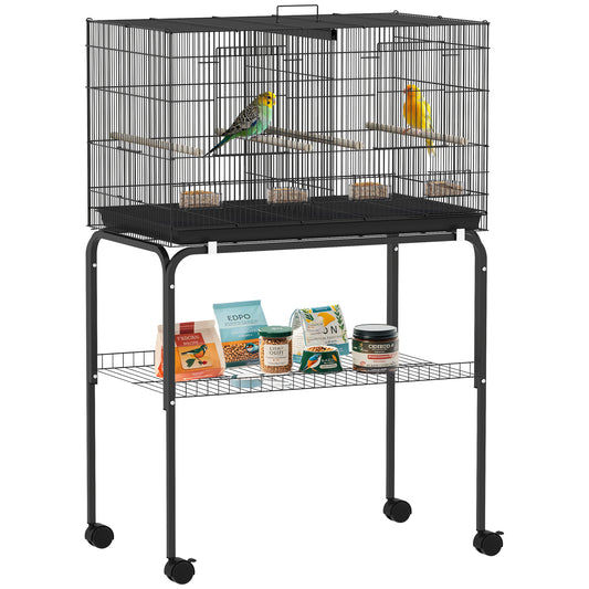 Bird Cage with Divider, 4 Wooden Perches, Slide Out Tray, Black
