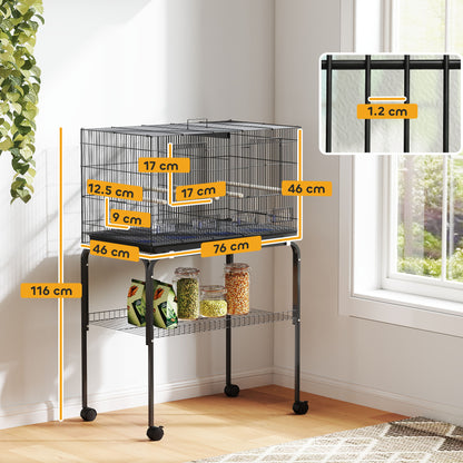 Bird Cage with Divider, 4 Wooden Perches, Slide Out Tray, Black