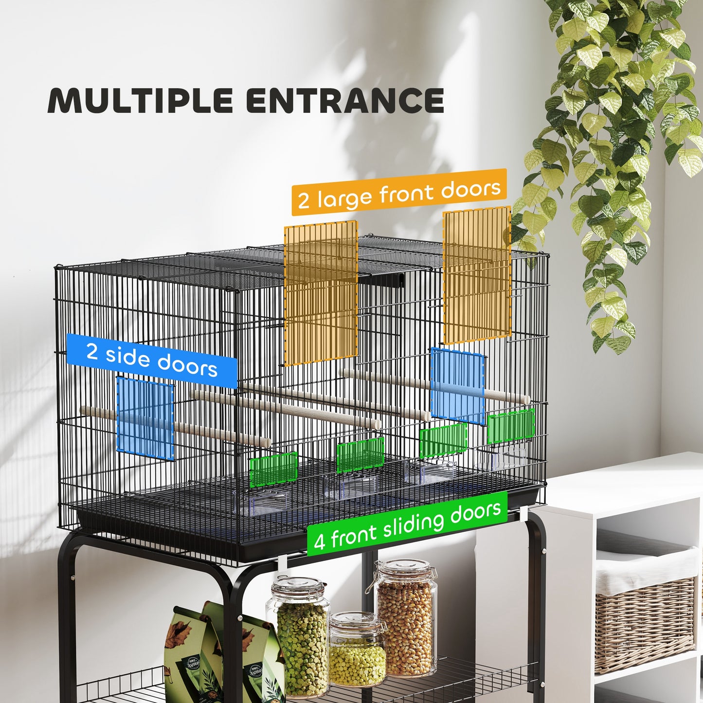 Bird Cage with Divider, 4 Wooden Perches, Slide Out Tray, Black