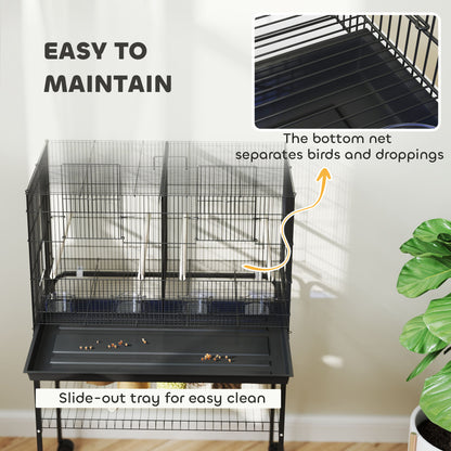 Bird Cage with Divider, 4 Wooden Perches, Slide Out Tray, Black