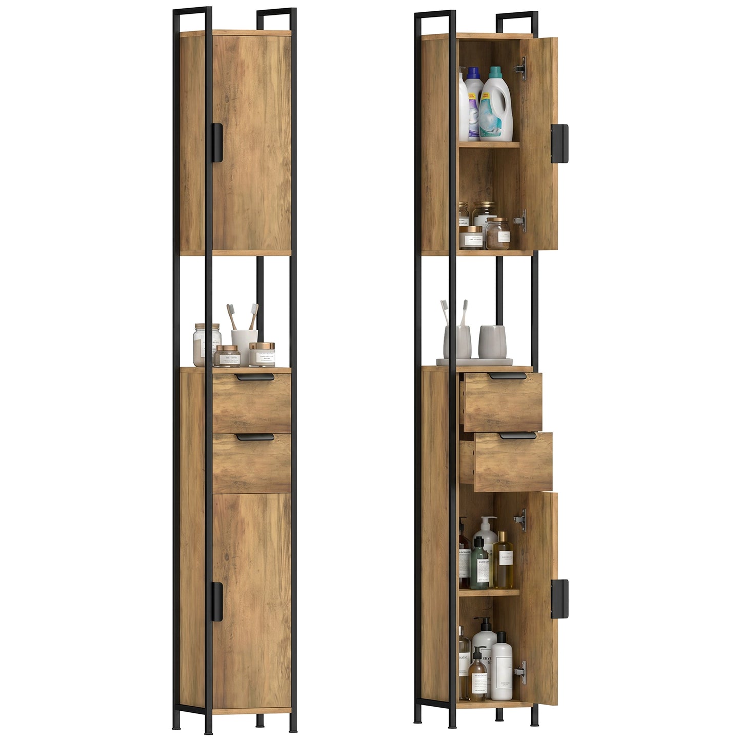Freestanding Bathroom Cabinet with Drawers and Shelves, Brown