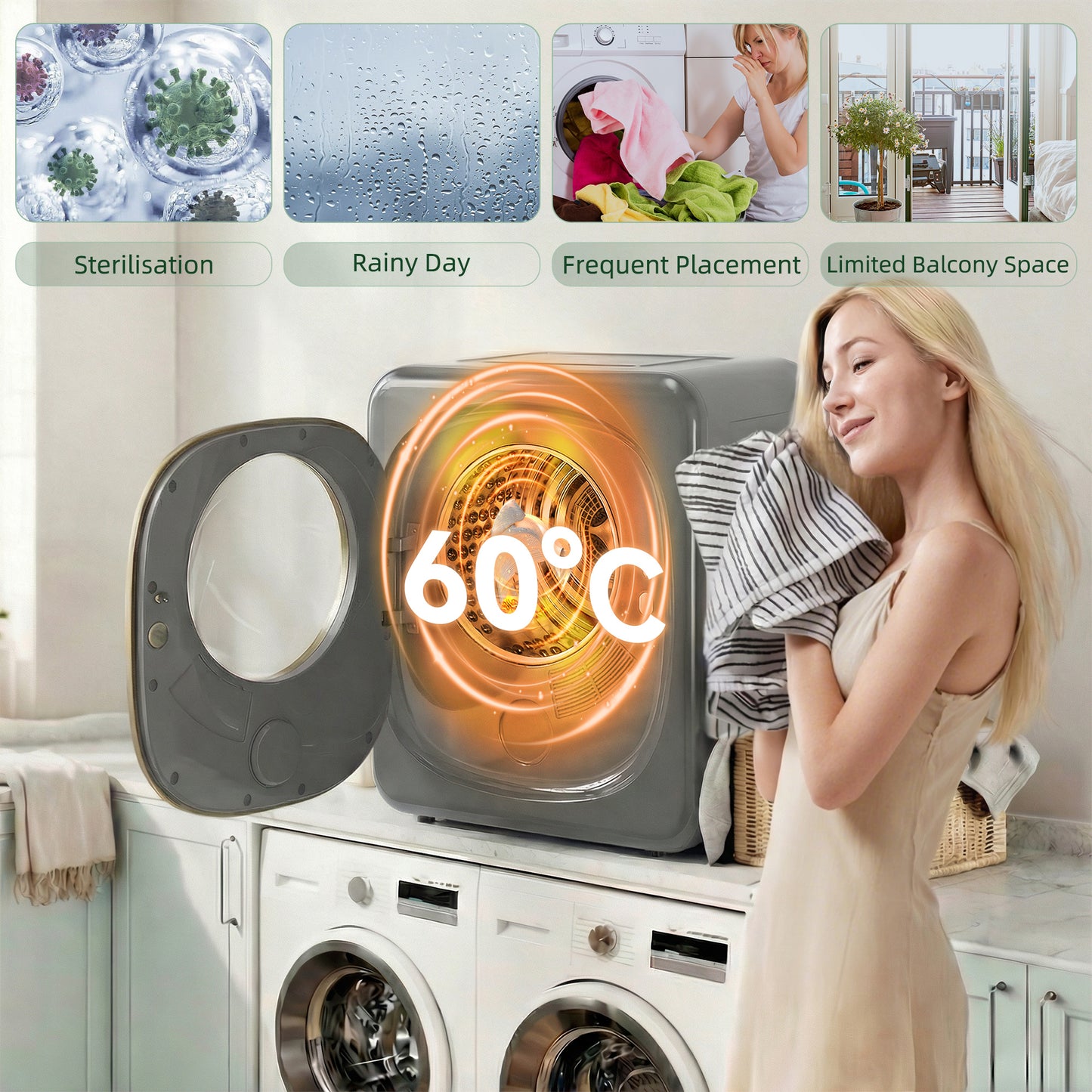 Compact Dryer Machine with 5 Modes, 4kg Small Tumble Dryer, Grey