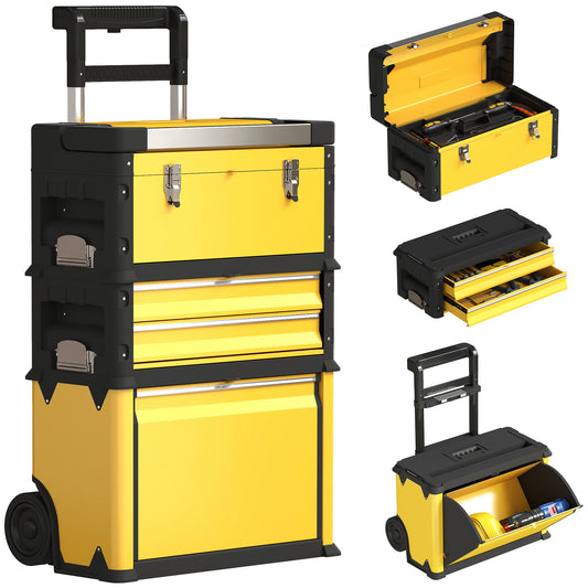 3-Tier Tool Box with Wheels, Stackable Steel Toolbox, Yellow