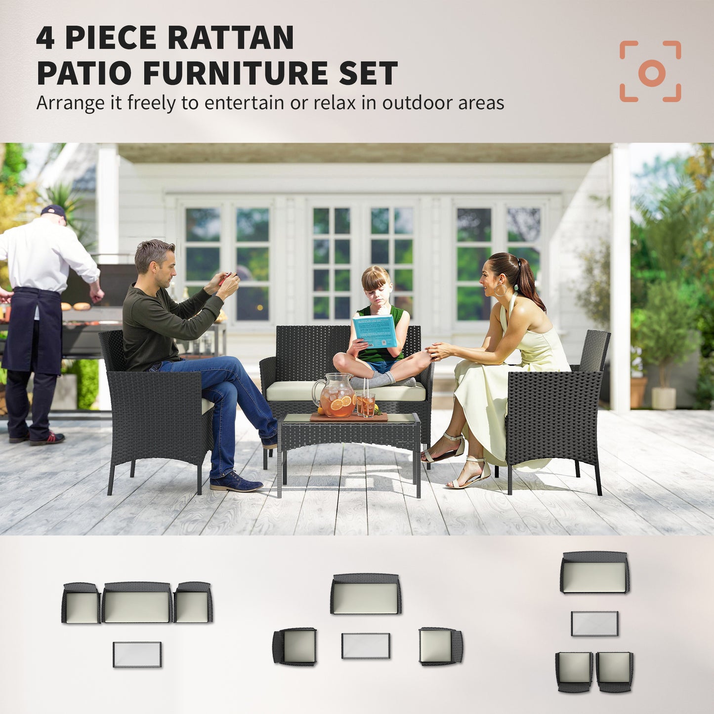 4 Piece Rattan Garden Furniture Sofa Set with Cushions, Cream White