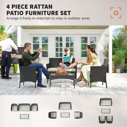 4 Piece Rattan Garden Furniture Sofa Set with Cushions, Cream White