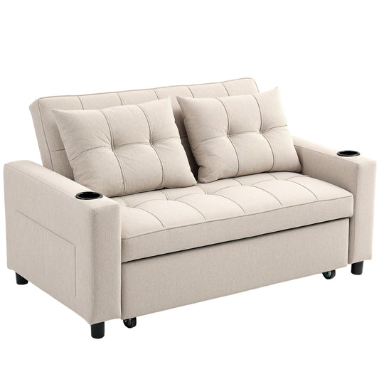 2 Seater Pull Out Sofa Bed with Pockets for Living Room Beige