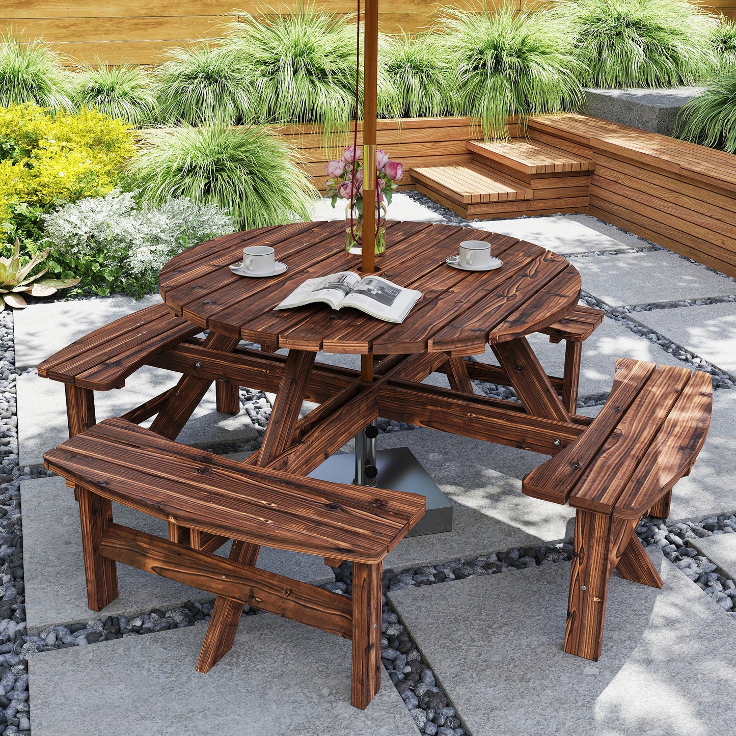 Wooden Garden Dining Set with Parasol Hole for Outdoor, Tan