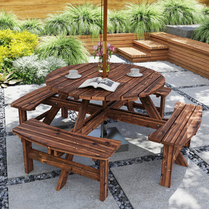 Wooden Garden Dining Set with Parasol Hole for Outdoor, Tan