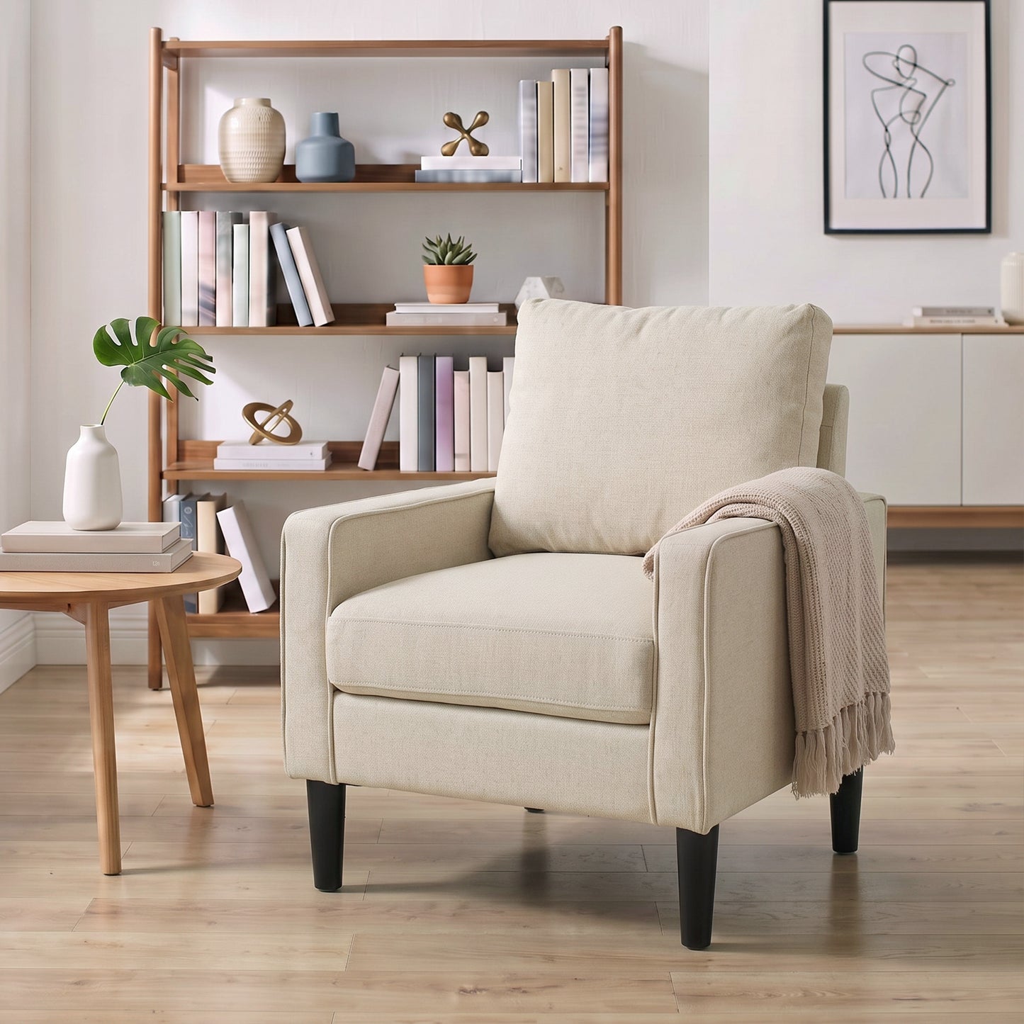 Removable Pillow Linen Accent Chair, Cream