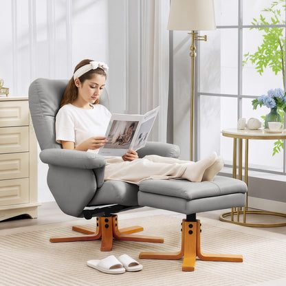 Recliner Chair and Footstool PU Leather Wooden Base, Light Grey