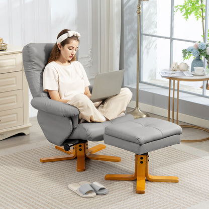 Recliner Chair and Footstool PU Leather Wooden Base, Light Grey