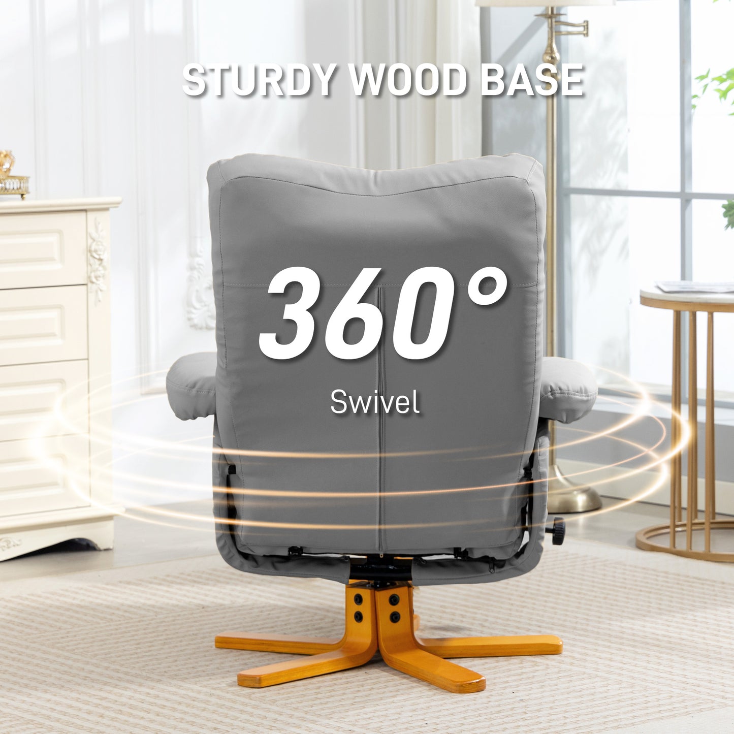 Recliner Chair and Footstool PU Leather Wooden Base, Light Grey