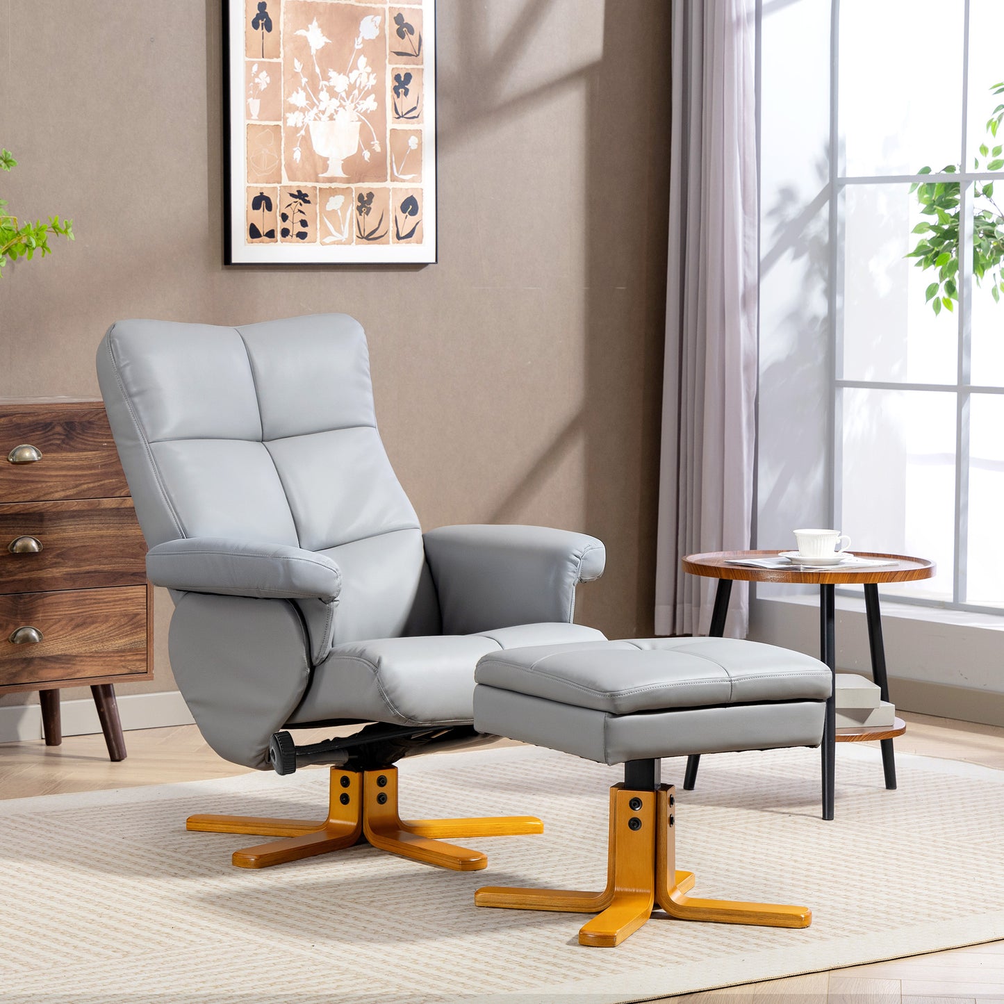 Recliner Chair and Footstool PU Leather Wooden Base, Light Grey